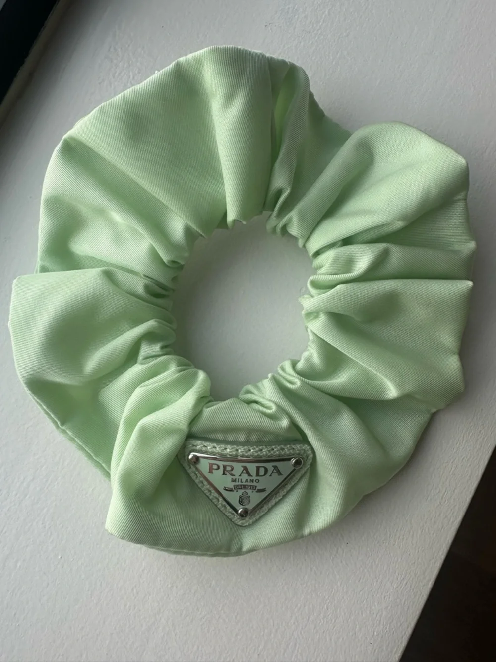 Prada Mint Green Satin Scrunchie with Logo Plaque BRAND NEW NEVER WORN - Picture 2 of 3